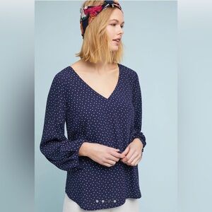 Maeve by Anthropologie Pernille Polka Dot Blouse Navy Tie Sleeve Size S